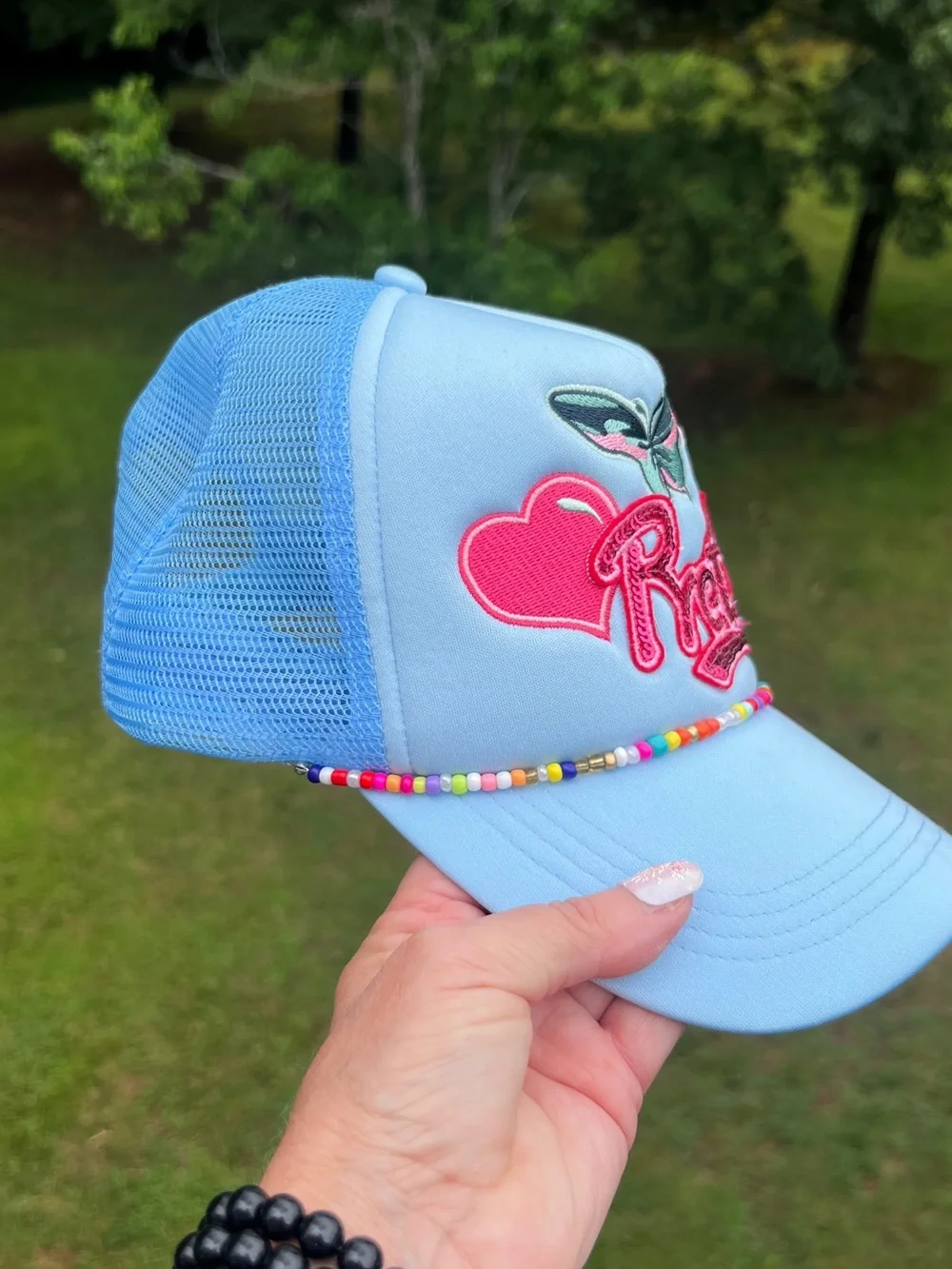 Pretty Blue Trucker Hat Butterfly Daisy Beaded Snapback NWOT